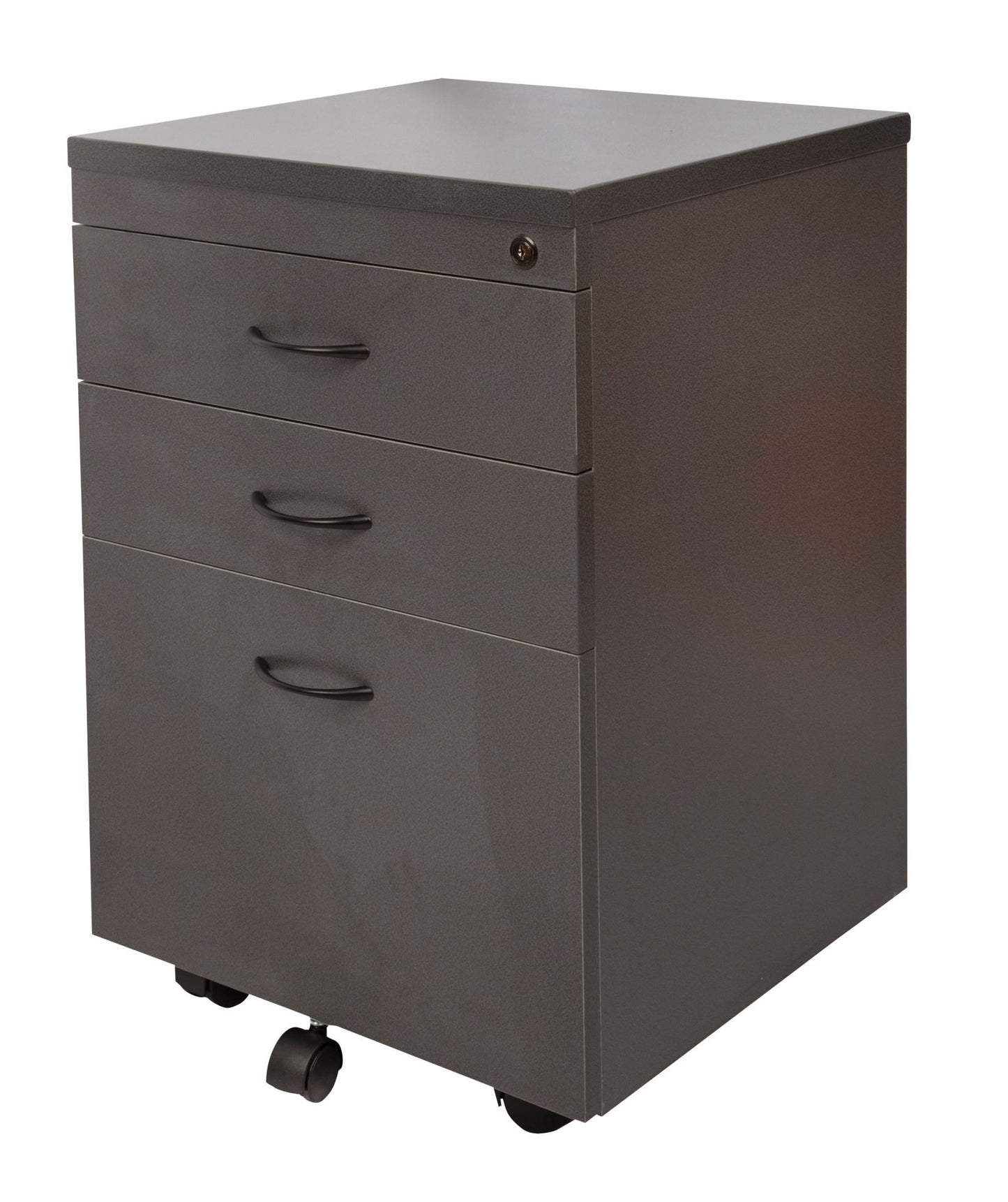 Rapid Worker Mobile Pedestal Mobile Pedestal - 2 Personal Drawers + 1 File Drawer
Ironstone 465mm W x 447mm D x 690mm H
Lockable With Metal Runners
E0 Rated Melamine Board - Black Powdercoat Bow Handles