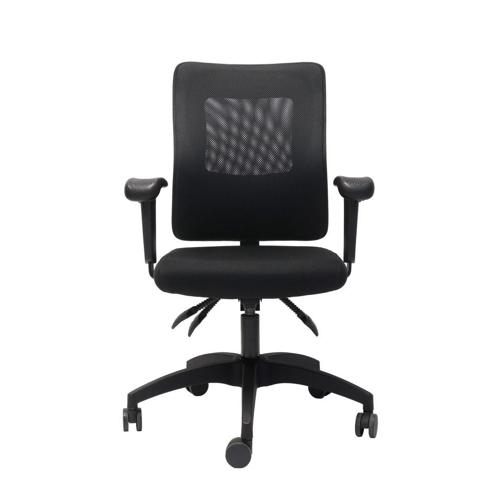 Medium Mesh Back Operator Chair
3 Lever Fully Ergonomic Mechanism - 120 Kg Weight Rating
Black Mesh Back Rest - Black Upholstered Seat Pan Gas Lift - Seat Pan & Back Rest Tilt - Black 5
star Spider Base On Castors - Includes Adjustable Arms