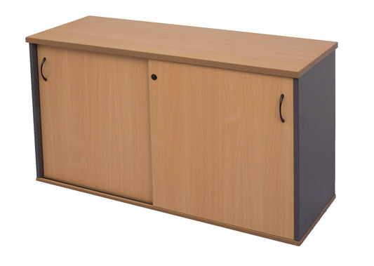 Sliding Door Credenza - Includes 2 x Adjustable 18mm T Shelves 1200mm W x 450mm D x 730mm H BEECH/IRONSTONE