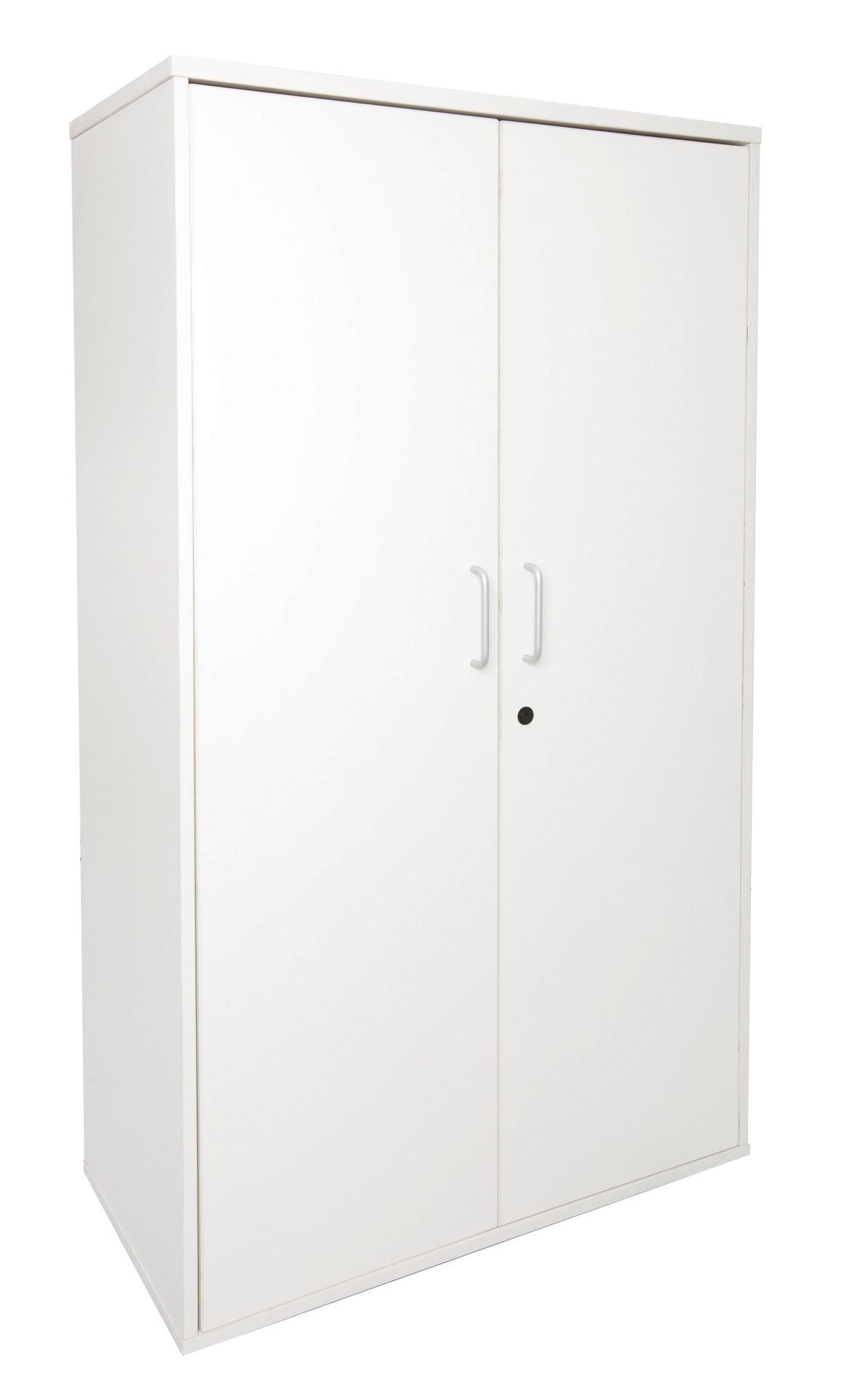 Full Door Cupboard - Includes 1 x Fixed Mid Shelf + 3 x Adjustable Shleves - Fully Lockable - Includes 2 Keys
900mm W x 450mm D x 1800mm H 
E0 Rated Melamine Board - Brushed Silver Handles