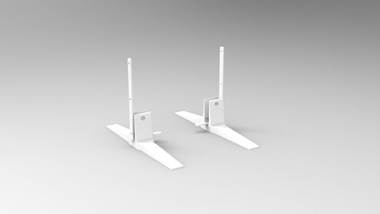 Pair Of Powdercoated Free Standing Feet To Suit Shush30+ Screens 505mm W x 125mm H x 66mm D - Attaches To Side Of Screen Extrusion Comes in a Set of 2 Attaches To Side Of Screen Extrusion WHITE SATIN